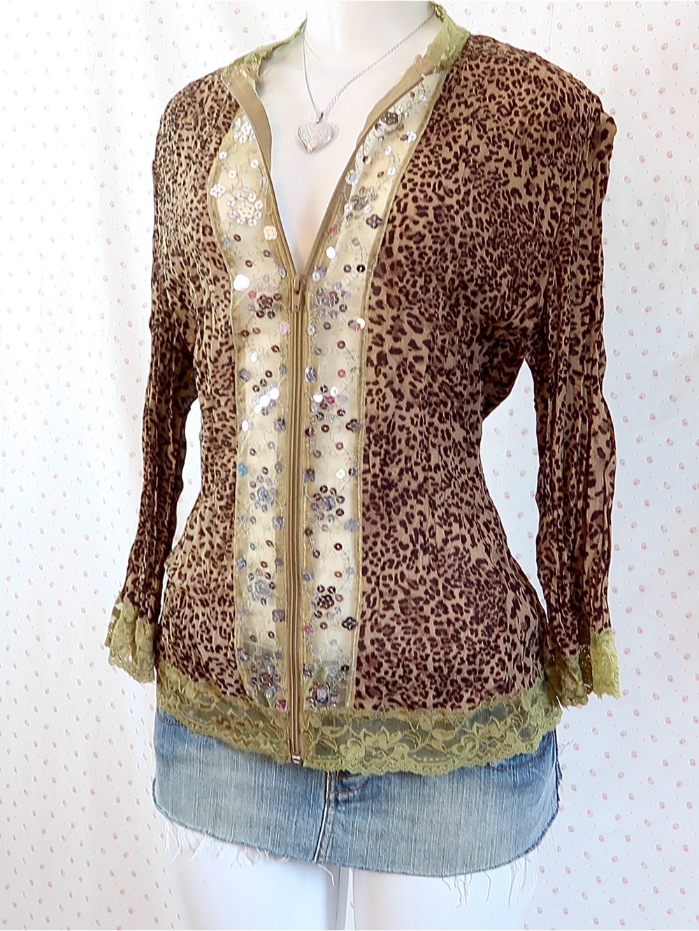 y2k leopard print rhinestone zip top